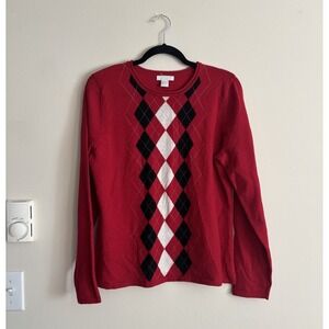 Vintage Y2K 2000s Argyle‎ Diamond WOOL Sweater Crewneck Tweeds Red Black Large